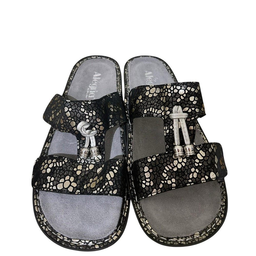 Alegria Penny Black Pewter Mosaic Leather‎ Tassel Slide Sandals 39 9 NWOB